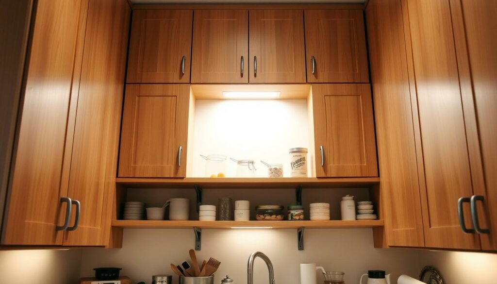 A well-organized, neatly arranged kitchen with tall, wooden cabinets that stretch up to the ceiling, maximizing vertical storage space. The cabinets are illuminated by soft, warm lighting that casts a cozy glow, highlighting the clean, minimalist design. The doors are adorned with simple, elegant pulls, and the shelves are stocked with a variety of kitchen essentials, creating a sense of order and efficiency. The overall atmosphere is one of calm and productivity, perfectly suited for a busy household. A well-organized, neatly arranged kitchen with tall, wooden cabinets that stretch up to the ceiling, maximizing vertical storage space. The cabinets are illuminated by soft, warm lighting that casts a cozy glow, highlighting the clean, minimalist design. The doors are adorned with simple, elegant pulls, and the shelves are stocked with a variety of kitchen essentials, creating a sense of order and efficiency. The overall atmosphere is one of calm and productivity, perfectly suited for a busy household.