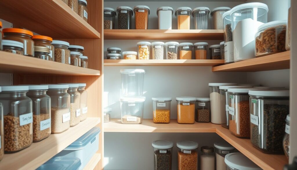 A well-organized pantry with clear, labeled containers neatly arranged on wooden shelves. Soft, natural lighting illuminates the space, creating a calming, minimalist atmosphere. The containers are a mix of various sizes, shapes, and materials, including glass jars, plastic bins, and airtight seals, allowing for easy visibility and access to stored goods. The shelves are slightly tilted to provide better visibility, and the overall layout is clean and uncluttered, reflecting a sense of order and efficiency. The camera angle is slightly elevated, capturing the entirety of the pantry's interior in a balanced, symmetrical composition. A well-organized pantry with clear, labeled containers neatly arranged on wooden shelves. Soft, natural lighting illuminates the space, creating a calming, minimalist atmosphere. The containers are a mix of various sizes, shapes, and materials, including glass jars, plastic bins, and airtight seals, allowing for easy visibility and access to stored goods. The shelves are slightly tilted to provide better visibility, and the overall layout is clean and uncluttered, reflecting a sense of order and efficiency. The camera angle is slightly elevated, capturing the entirety of the pantry's interior in a balanced, symmetrical composition.