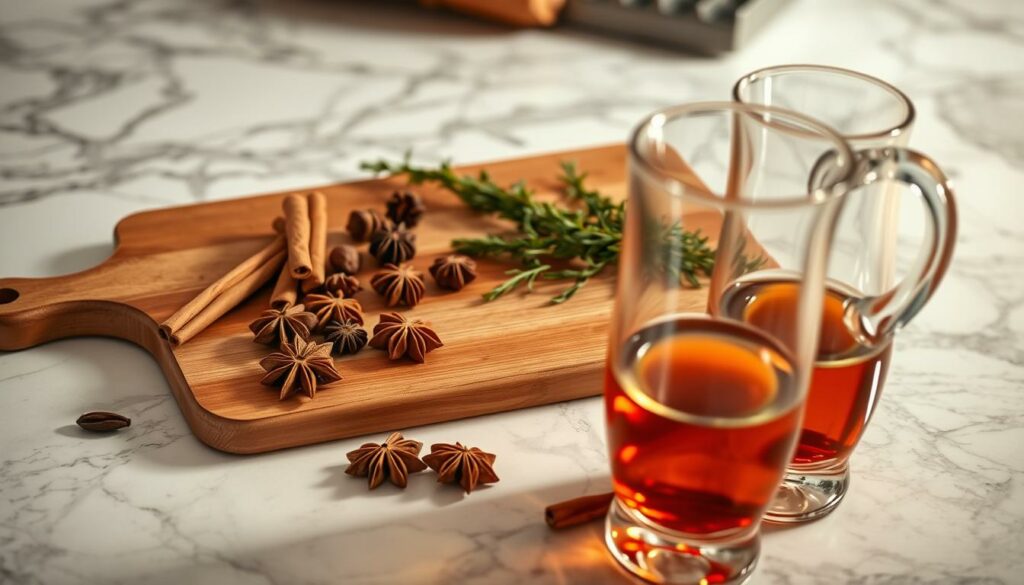 An elegant marble countertop, a wooden cutting board, and an array of Thanksgiving spices - cinnamon sticks, whole cloves, star anise, and fresh rosemary - are artfully arranged. In the foreground, a glass pitcher and festive stemware sit poised, awaiting the final touches of the seasonal sangria. Warm, golden lighting casts a cozy glow, creating an inviting atmosphere. The scene evokes the spirit of the upcoming holiday, hinting at the flavorful and aromatic treats to come. An elegant marble countertop, a wooden cutting board, and an array of Thanksgiving spices - cinnamon sticks, whole cloves, star anise, and fresh rosemary - are artfully arranged. In the foreground, a glass pitcher and festive stemware sit poised, awaiting the final touches of the seasonal sangria. Warm, golden lighting casts a cozy glow, creating an inviting atmosphere. The scene evokes the spirit of the upcoming holiday, hinting at the flavorful and aromatic treats to come.