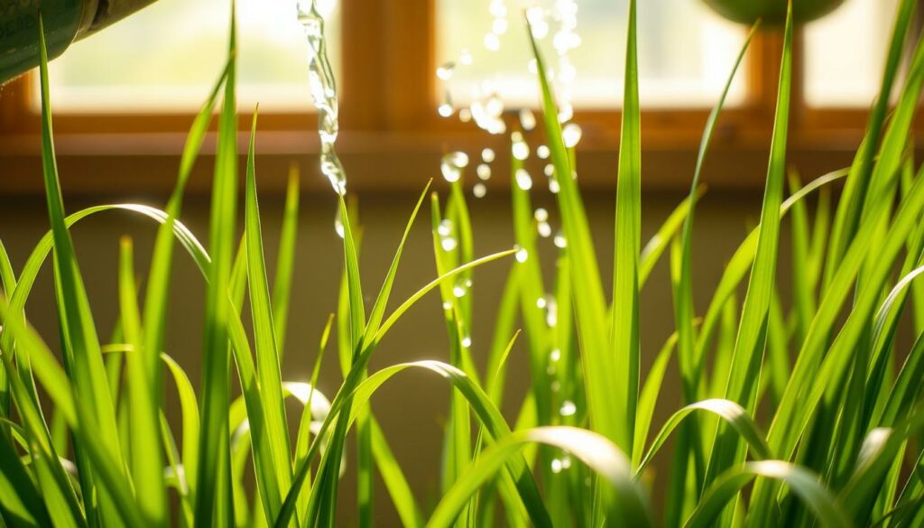 A Japanese sedge plant stands in the foreground, its lush green foliage gently swaying in a soft breeze. The plant is being watered by a steady stream of water from a watering can, the droplets glistening in the warm, diffused sunlight that filters through a window in the background. The light illuminates the delicate blades of the sedge, highlighting their intricate textures and patterns. The overall scene conveys a sense of serene tranquility, showcasing the ideal watering and lighting conditions required for the healthy growth of this graceful, low-maintenance plant. A Japanese sedge plant stands in the foreground, its lush green foliage gently swaying in a soft breeze. The plant is being watered by a steady stream of water from a watering can, the droplets glistening in the warm, diffused sunlight that filters through a window in the background. The light illuminates the delicate blades of the sedge, highlighting their intricate textures and patterns. The overall scene conveys a sense of serene tranquility, showcasing the ideal watering and lighting conditions required for the healthy growth of this graceful, low-maintenance plant.