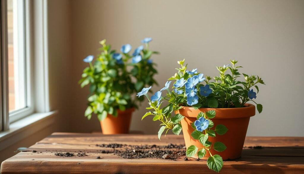 A beautifully lit potting setup for blue spur flowers, with a sturdy wooden table in the foreground, topped with a terra cotta planter filled with rich, dark soil. In the middle ground, vibrant blue spur flowers bloom, their delicate petals catching the soft, warm light from a window to the left. The background features a neutral-toned wall, providing a clean and uncluttered backdrop to highlight the lush, verdant foliage of the plants. The overall scene exudes a sense of tranquility and care, perfectly suited for growing and nurturing these delicate, yet stunning blooms. A beautifully lit potting setup for blue spur flowers, with a sturdy wooden table in the foreground, topped with a terra cotta planter filled with rich, dark soil. In the middle ground, vibrant blue spur flowers bloom, their delicate petals catching the soft, warm light from a window to the left. The background features a neutral-toned wall, providing a clean and uncluttered backdrop to highlight the lush, verdant foliage of the plants. The overall scene exudes a sense of tranquility and care, perfectly suited for growing and nurturing these delicate, yet stunning blooms.