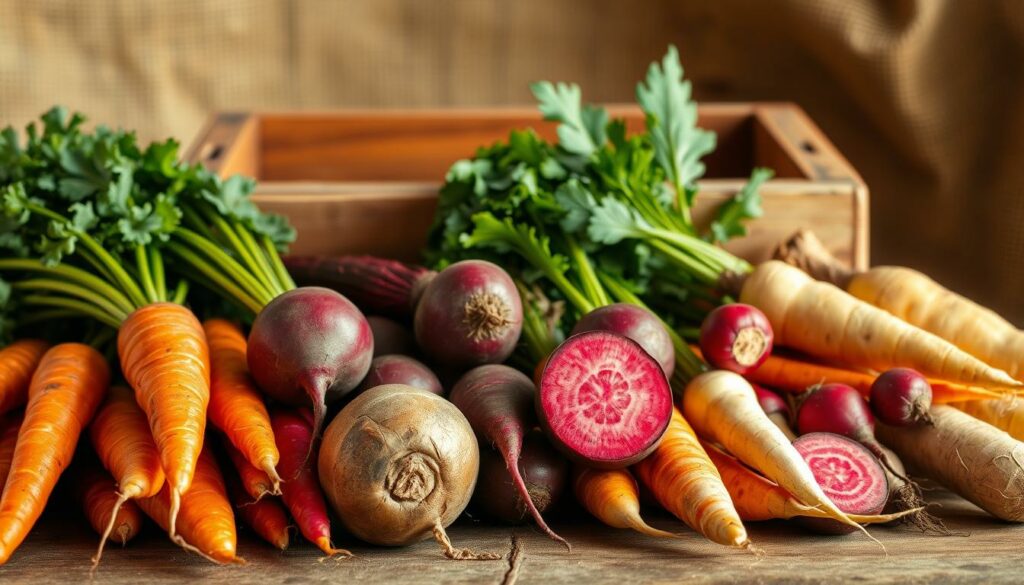 A bountiful arrangement of vibrant, freshly harvested root vegetables against a rustic, earthy backdrop. In the foreground, an array of carrots, beets, parsnips, and radishes - their rich hues and textured surfaces glistening under natural, warm lighting. The middle ground features a wooden crate or basket, hinting at the local, organic nature of the produce. In the background, a blurred, weathered wooden surface or burlap sack provides a grounded, textural contrast. The overall composition conveys the nourishing, wholesome essence of these nutrient-dense root vegetables.