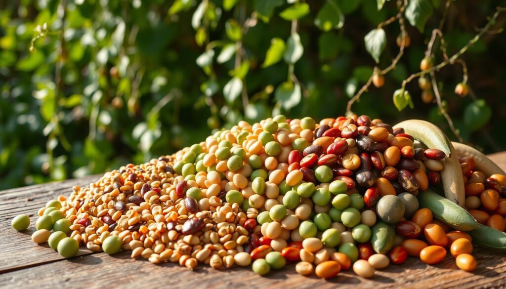 A bountiful assortment of legumes, including plump green peas, earthy lentils, and vibrant kidney beans, arranged on a rustic wooden surface. Soft, natural lighting casts warm shadows, highlighting the varied textures and colors of the plant-based protein sources. In the background, a lush, verdant garden of leafy greens and trailing vines, suggesting a connection to the earth and a balanced, nourishing diet. The overall scene conveys a sense of wholesome abundance and the important role of legumes in a healthy, plant-based lifestyle.