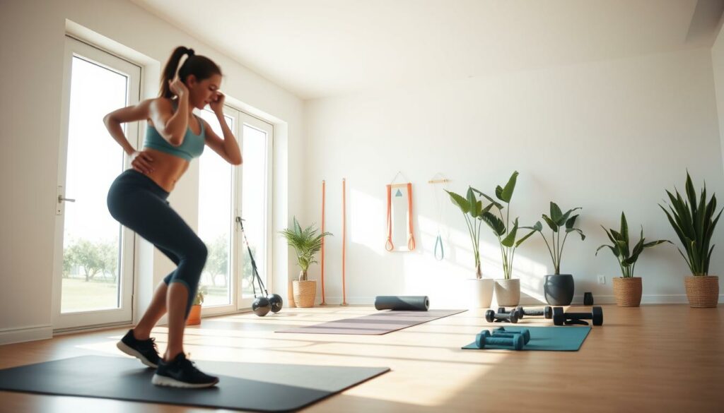 A bright, airy home gym with natural light streaming in through large windows. In the foreground, a person performing dynamic bodyweight exercises like squats and lunges, their movements captured in a blur of motion. In the middle ground, various fitness equipment like resistance bands, dumbbells, and a yoga mat are neatly arranged. The background features a minimalist decor with potted plants and a sleek, modern design aesthetic, conveying a sense of calm and focus. The lighting is soft and diffused, creating an inviting atmosphere for an effective at-home workout session.