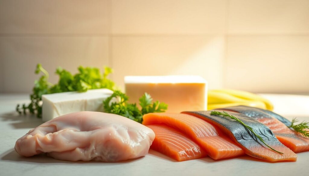 A brightly lit kitchen counter showcases an array of protein-rich ingredients. In the foreground, a succulent chicken breast, a block of firm tofu, and several fresh salmon fillets lie arranged in a visually appealing manner. In the middle ground, a variety of fresh herbs, such as parsley and dill, add vibrant pops of green. The background features a neutral-toned wall, creating a clean and minimalist setting that allows the main subjects to take center stage. The lighting is warm and natural, casting subtle shadows that accentuate the textures and shapes of the ingredients. The overall composition is balanced and visually captivating, inviting the viewer to imagine the nutritious and delicious meals that can be prepared with these wholesome, protein-packed staples. A brightly lit kitchen counter showcases an array of protein-rich ingredients. In the foreground, a succulent chicken breast, a block of firm tofu, and several fresh salmon fillets lie arranged in a visually appealing manner. In the middle ground, a variety of fresh herbs, such as parsley and dill, add vibrant pops of green. The background features a neutral-toned wall, creating a clean and minimalist setting that allows the main subjects to take center stage. The lighting is warm and natural, casting subtle shadows that accentuate the textures and shapes of the ingredients. The overall composition is balanced and visually captivating, inviting the viewer to imagine the nutritious and delicious meals that can be prepared with these wholesome, protein-packed staples.