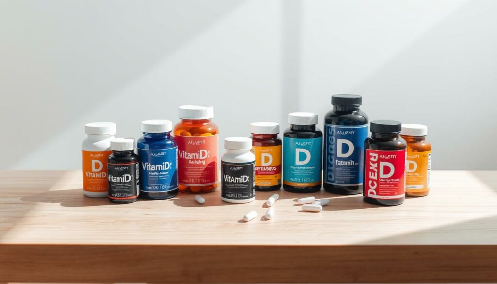 A clean, well-lit studio setting featuring an assortment of high-quality vitamin D supplements arranged artfully on a minimalist wooden table. The supplements are displayed against a soft, diffused white background, highlighting their vibrant colors and sleek packaging designs. Dramatic side lighting casts subtle shadows, emphasizing the dimensional details of the products. The overall composition conveys a sense of quality, health, and optimal absorption, aligning with the subject of the article. A clean, well-lit studio setting featuring an assortment of high-quality vitamin D supplements arranged artfully on a minimalist wooden table. The supplements are displayed against a soft, diffused white background, highlighting their vibrant colors and sleek packaging designs. Dramatic side lighting casts subtle shadows, emphasizing the dimensional details of the products. The overall composition conveys a sense of quality, health, and optimal absorption, aligning with the subject of the article.