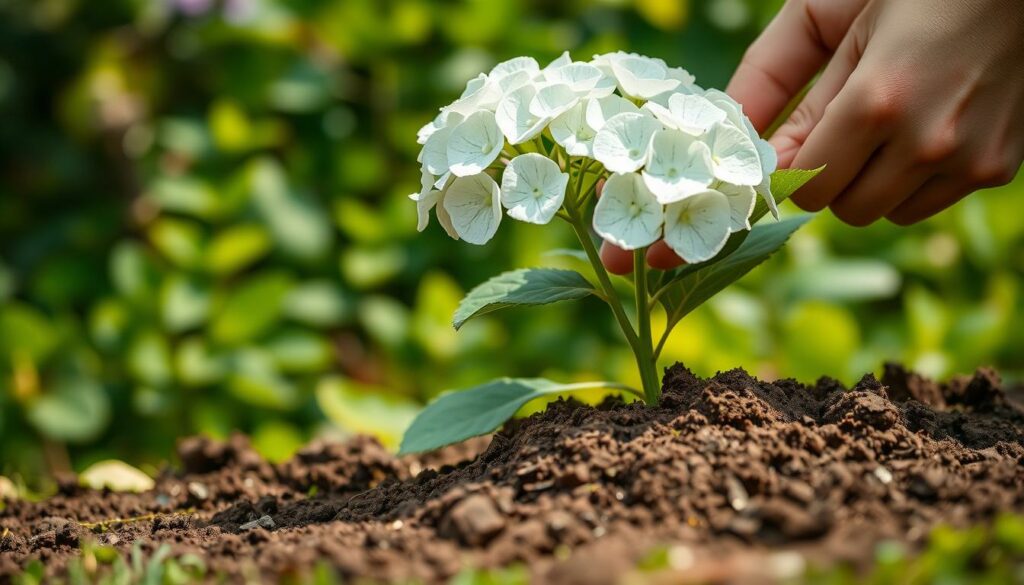 A close-up, detailed view of a lacecap hydrangea plant being carefully planted in a lush, verdant garden setting. The foreground showcases the delicate lace-like flower heads and the soil being gently tamped around the plant's roots. The middle ground shows the plant's leaves and stems, with a soft, natural lighting illuminating the scene. The background features a blurred, out-of-focus but vibrant green foliage, creating a sense of depth and tranquility. The overall composition emphasizes the step-by-step technique of properly planting a lacecap hydrangea, with a focus on the intricate floral details and the nurturing care required. A close-up, detailed view of a lacecap hydrangea plant being carefully planted in a lush, verdant garden setting. The foreground showcases the delicate lace-like flower heads and the soil being gently tamped around the plant's roots. The middle ground shows the plant's leaves and stems, with a soft, natural lighting illuminating the scene. The background features a blurred, out-of-focus but vibrant green foliage, creating a sense of depth and tranquility. The overall composition emphasizes the step-by-step technique of properly planting a lacecap hydrangea, with a focus on the intricate floral details and the nurturing care required.