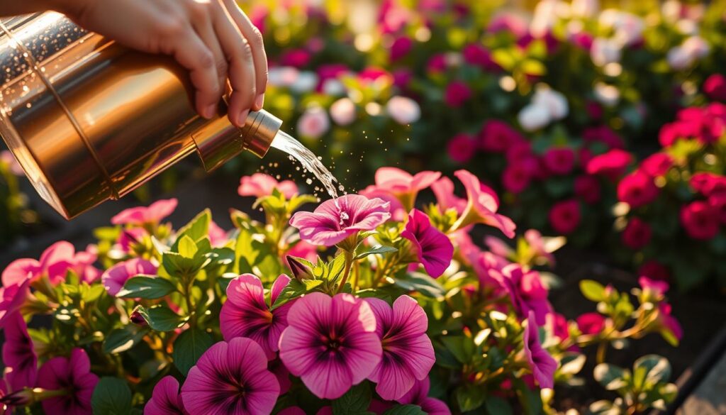 A close-up of a gardener's hands carefully watering and fertilizing a lush, blooming petunia plant. The sun casts a warm, golden glow over the scene, illuminating the vibrant pink and purple petals. In the background, a well-tended garden bed filled with other thriving petunia varieties creates a serene, picturesque setting. The image captures the delicate, nuanced techniques required to properly care for and cultivate these stunning, low-maintenance flowers. A close-up of a gardener's hands carefully watering and fertilizing a lush, blooming petunia plant. The sun casts a warm, golden glow over the scene, illuminating the vibrant pink and purple petals. In the background, a well-tended garden bed filled with other thriving petunia varieties creates a serene, picturesque setting. The image captures the delicate, nuanced techniques required to properly care for and cultivate these stunning, low-maintenance flowers.