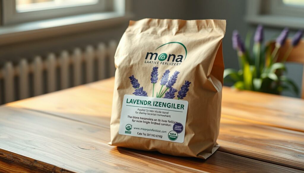 A close-up photograph of a bag of mona lavender fertilizer resting on a wooden table. The bag is made of sturdy kraft paper and displays the brand's logo and product details prominently. The surface of the table is slightly worn, adding a rustic touch. Soft, natural lighting from a window casts a warm glow on the scene, highlighting the vibrant purple hue of the lavender flowers on the label. The overall composition conveys a sense of care and attention to detail in nurturing this beloved plant. A close-up photograph of a bag of mona lavender fertilizer resting on a wooden table. The bag is made of sturdy kraft paper and displays the brand's logo and product details prominently. The surface of the table is slightly worn, adding a rustic touch. Soft, natural lighting from a window casts a warm glow on the scene, highlighting the vibrant purple hue of the lavender flowers on the label. The overall composition conveys a sense of care and attention to detail in nurturing this beloved plant.