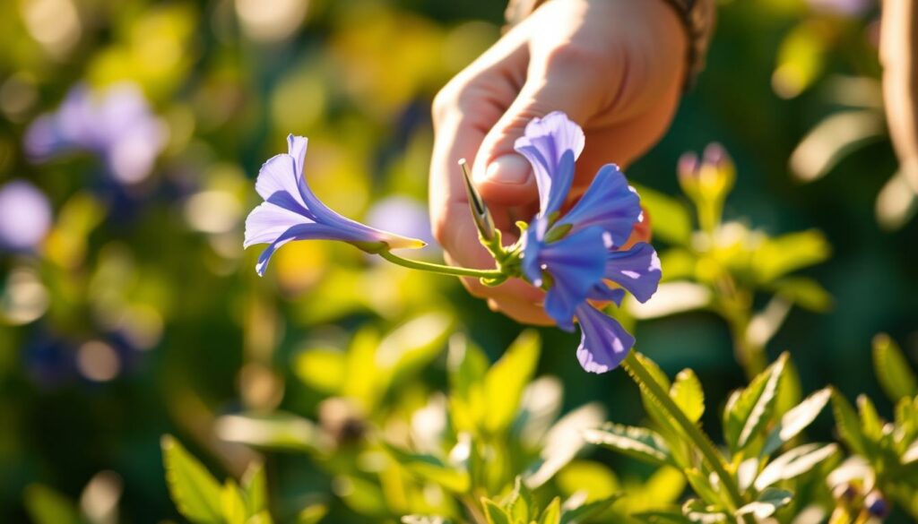A close-up shot of a gardener's hands carefully pruning a vibrant blue spur flower in a well-lit, lush garden. The flower's delicate petals sway gently in the soft breeze, bathed in warm, golden light. The background is blurred, focusing the viewer's attention on the intricate details of the pruning process. The image conveys a sense of tranquility and the skilled care required to maintain these beautiful, low-maintenance plants. A close-up shot of a gardener's hands carefully pruning a vibrant blue spur flower in a well-lit, lush garden. The flower's delicate petals sway gently in the soft breeze, bathed in warm, golden light. The background is blurred, focusing the viewer's attention on the intricate details of the pruning process. The image conveys a sense of tranquility and the skilled care required to maintain these beautiful, low-maintenance plants.