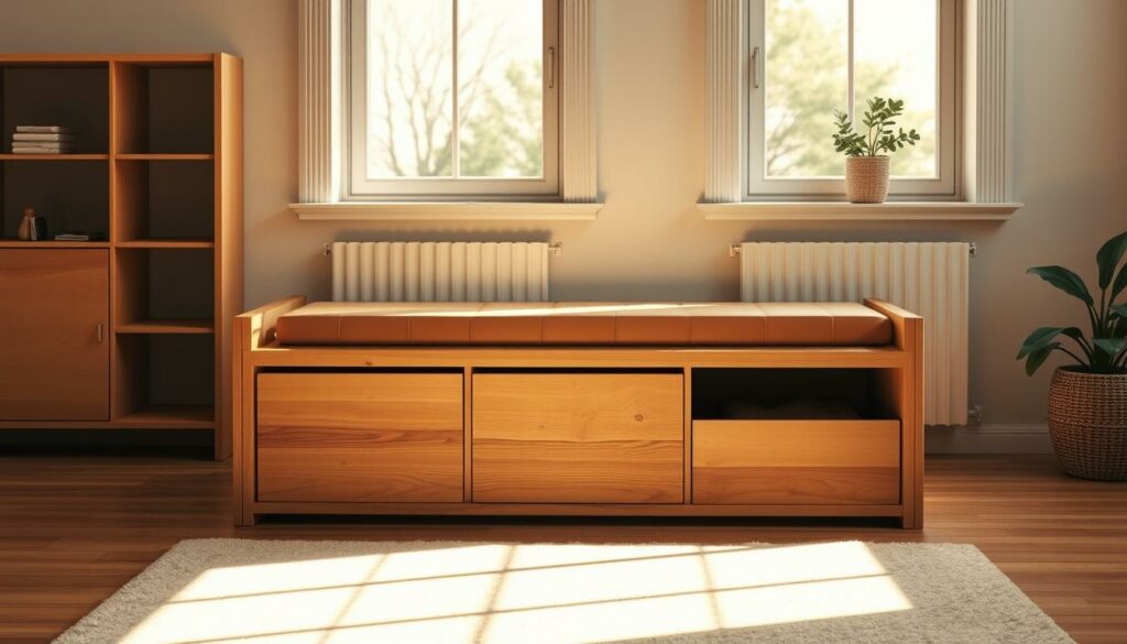 A collapsible wooden bench with integrated storage compartments sits in a well-lit, minimalist home interior. The bench's sleek, modern design features a smooth, flat surface that can be easily folded down to reveal ample storage space beneath. Warm natural lighting filters in through large windows, casting soft shadows and highlighting the bench's clean lines and natural wood grain. The scene conveys a sense of practical, space-saving functionality seamlessly integrated into a contemporary, clutter-free living environment.