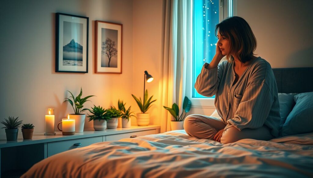 A cozy bedroom bathed in warm, soft lighting. On the nightstand, a flickering candle and a steaming mug of herbal tea. In the foreground, a person in comfortable pajamas is sitting on the edge of a plush, inviting bed, gently brushing their hair. Nearby, a row of potted plants adds a soothing, natural touch to the serene atmosphere. The walls are adorned with calming artwork, creating a tranquil, sanctuary-like ambiance. Through the window, the night sky is visible, hinting at the peaceful transition from day to night. The overall scene conveys a sense of relaxation and mindfulness, perfectly encapsulating the essence of a rejuvenating bedtime routine. A cozy bedroom bathed in warm, soft lighting. On the nightstand, a flickering candle and a steaming mug of herbal tea. In the foreground, a person in comfortable pajamas is sitting on the edge of a plush, inviting bed, gently brushing their hair. Nearby, a row of potted plants adds a soothing, natural touch to the serene atmosphere. The walls are adorned with calming artwork, creating a tranquil, sanctuary-like ambiance. Through the window, the night sky is visible, hinting at the peaceful transition from day to night. The overall scene conveys a sense of relaxation and mindfulness, perfectly encapsulating the essence of a rejuvenating bedtime routine.