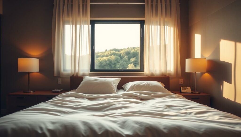 A cozy, inviting bedroom with soft, muted lighting casting a warm glow. In the foreground, a plush, cloud-like bed with crisp white sheets and a fluffy comforter. On the nightstands, a pair of minimalist lamps with dimmer switches. In the middle ground, a large window with sheer curtains allowing in natural light, overlooking a serene, verdant landscape. In the background, a neutral-toned feature wall with subtle, calming patterns. The overall atmosphere is tranquil, soothing, and conducive to a restful night's sleep. A cozy, inviting bedroom with soft, muted lighting casting a warm glow. In the foreground, a plush, cloud-like bed with crisp white sheets and a fluffy comforter. On the nightstands, a pair of minimalist lamps with dimmer switches. In the middle ground, a large window with sheer curtains allowing in natural light, overlooking a serene, verdant landscape. In the background, a neutral-toned feature wall with subtle, calming patterns. The overall atmosphere is tranquil, soothing, and conducive to a restful night's sleep.