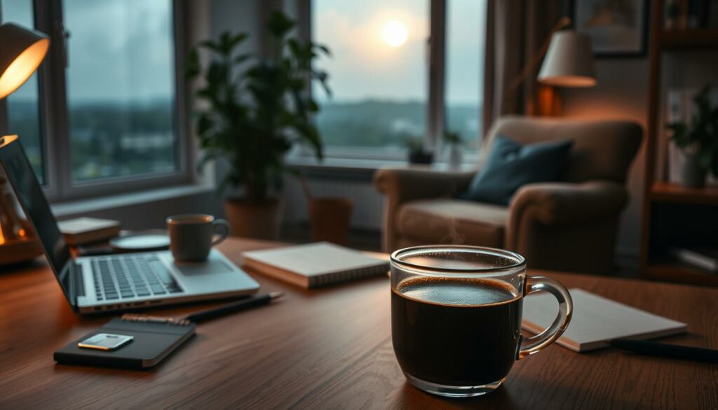 A cozy study space filled with the comforting aromas of freshly brewed coffee. In the foreground, a steaming mug of rich, dark espresso sits atop a wooden desk, surrounded by scattered notes and a laptop. Soft, warm lighting casts a gentle glow, creating a contemplative atmosphere. In the middle ground, a plush armchair invites rest, while a tall, thriving houseplant in the corner suggests the potential for rejuvenation. In the background, a large window overlooks a serene, moonlit landscape, hinting at the importance of balancing caffeine intake with adequate sleep. A cozy study space filled with the comforting aromas of freshly brewed coffee. In the foreground, a steaming mug of rich, dark espresso sits atop a wooden desk, surrounded by scattered notes and a laptop. Soft, warm lighting casts a gentle glow, creating a contemplative atmosphere. In the middle ground, a plush armchair invites rest, while a tall, thriving houseplant in the corner suggests the potential for rejuvenation. In the background, a large window overlooks a serene, moonlit landscape, hinting at the importance of balancing caffeine intake with adequate sleep.