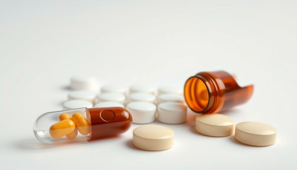 A crisp, well-lit studio shot showcasing various vitamin D supplement formats. In the foreground, a clear capsule and a softgel capsule rest side by side, their contents visible. In the middle ground, several round vitamin D tablets are arranged in a neat row, their surfaces catching the light. The background is a clean, minimalist backdrop, allowing the supplements to take center stage. The overall composition is balanced and harmonious, with a sense of depth and attention to detail that highlights the different delivery methods for optimal vitamin D absorption. A crisp, well-lit studio shot showcasing various vitamin D supplement formats. In the foreground, a clear capsule and a softgel capsule rest side by side, their contents visible. In the middle ground, several round vitamin D tablets are arranged in a neat row, their surfaces catching the light. The background is a clean, minimalist backdrop, allowing the supplements to take center stage. The overall composition is balanced and harmonious, with a sense of depth and attention to detail that highlights the different delivery methods for optimal vitamin D absorption.
