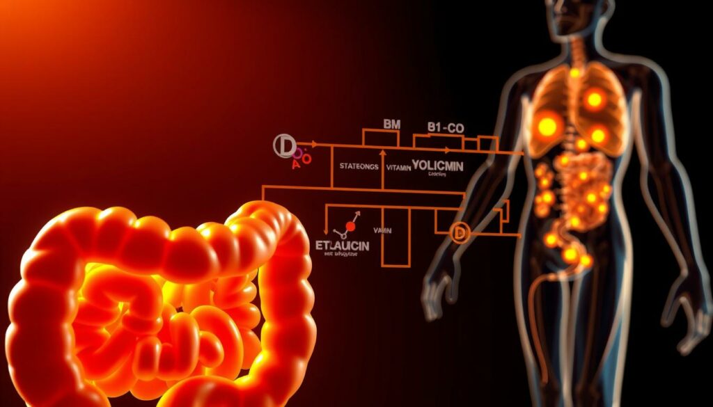 A detailed scientific diagram depicting the process of vitamin D absorption in the human body. The foreground shows a cross-section of the small intestine, highlighting the absorption of vitamin D from dietary sources. The middle ground features a molecular-level illustration of the vitamin D metabolic pathway, showcasing the various steps involved in the conversion and utilization of vitamin D. The background depicts a stylized human silhouette with glowing regions indicating areas of high vitamin D concentration. The scene is illuminated by a warm, natural lighting, creating a sense of depth and clarity. The overall aesthetic is a harmonious blend of scientific accuracy and visual appeal. A detailed scientific diagram depicting the process of vitamin D absorption in the human body. The foreground shows a cross-section of the small intestine, highlighting the absorption of vitamin D from dietary sources. The middle ground features a molecular-level illustration of the vitamin D metabolic pathway, showcasing the various steps involved in the conversion and utilization of vitamin D. The background depicts a stylized human silhouette with glowing regions indicating areas of high vitamin D concentration. The scene is illuminated by a warm, natural lighting, creating a sense of depth and clarity. The overall aesthetic is a harmonious blend of scientific accuracy and visual appeal.