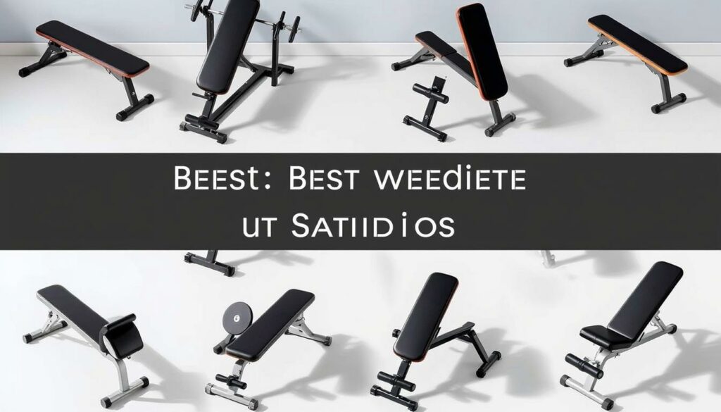 A detailed, well-lit comparison of several high-quality adjustable weight benches arranged in a clean, organized layout. The benches are shown from multiple angles, highlighting their adjustable features, sturdy construction, and stylish designs. The scene has a neutral, minimalist background that allows the products to take center stage. Soft, natural lighting emphasizes the textures and materials of the benches, creating a professional, informative display suitable for an article on the best weight bench models.