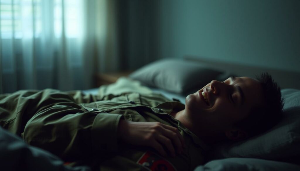 A dimly lit bedroom scene with a soldier in full military uniform lying on a bed, eyes closed, demonstrating the steps of the military sleep method. The foreground shows the soldier's face and upper body in clear focus, with subtle lighting highlighting the relaxed expression. The middle ground features the bed and surrounding bedding in muted tones, creating a calming atmosphere. The background blurs into a softly lit, minimal room setting, emphasizing the simplicity and effectiveness of the sleep technique. The overall tone is one of tranquility and discipline, reflecting the subject matter. A dimly lit bedroom scene with a soldier in full military uniform lying on a bed, eyes closed, demonstrating the steps of the military sleep method. The foreground shows the soldier's face and upper body in clear focus, with subtle lighting highlighting the relaxed expression. The middle ground features the bed and surrounding bedding in muted tones, creating a calming atmosphere. The background blurs into a softly lit, minimal room setting, emphasizing the simplicity and effectiveness of the sleep technique. The overall tone is one of tranquility and discipline, reflecting the subject matter.
