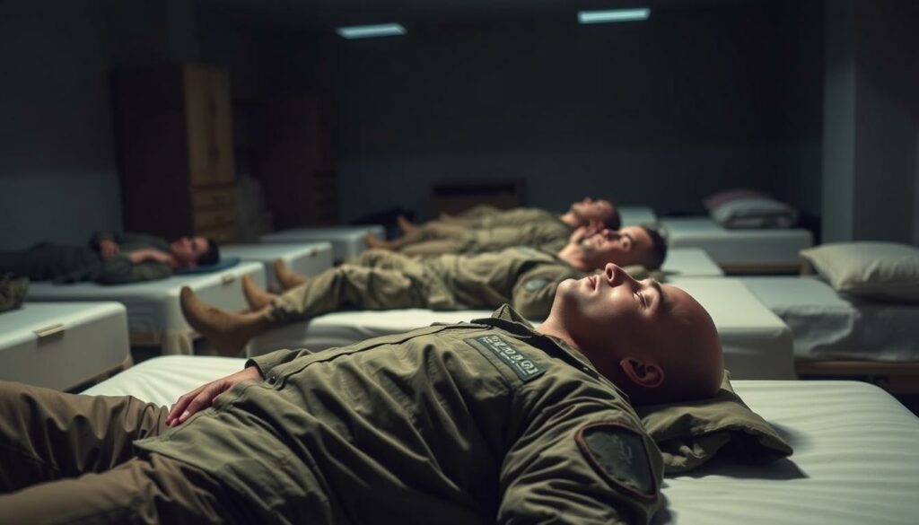 A dimly lit military barracks, with soldiers dressed in fatigues laying on crisp, clean beds. The room has a serene, calming atmosphere, with soft ambient lighting casting gentle shadows across the space. In the foreground, a soldier lies on their back, eyes closed, their breathing slow and steady, demonstrating the "military sleep method" of quickly falling asleep, even in the most stressful environments. The middle ground features several other soldiers following the same technique, their bodies relaxed and minds at ease. In the background, the room is sparsely decorated, with minimal furnishings, emphasizing the simplicity and efficiency of the military's approach to sleep. A dimly lit military barracks, with soldiers dressed in fatigues laying on crisp, clean beds. The room has a serene, calming atmosphere, with soft ambient lighting casting gentle shadows across the space. In the foreground, a soldier lies on their back, eyes closed, their breathing slow and steady, demonstrating the "military sleep method" of quickly falling asleep, even in the most stressful environments. The middle ground features several other soldiers following the same technique, their bodies relaxed and minds at ease. In the background, the room is sparsely decorated, with minimal furnishings, emphasizing the simplicity and efficiency of the military's approach to sleep.
