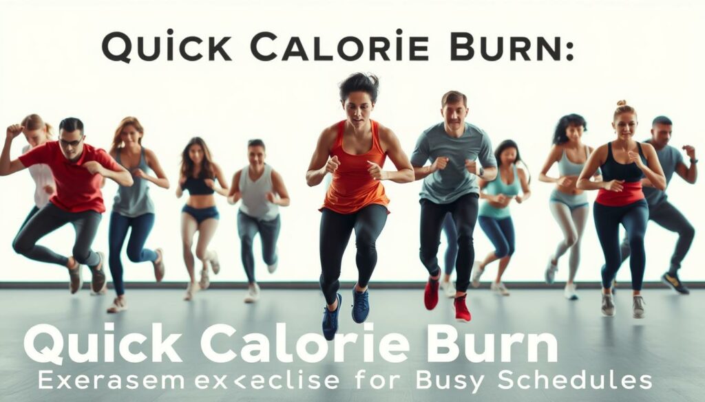 A dynamic, high-energy scene showcasing a variety of quick calorie-burning exercises. In the foreground, a diverse group of people performing burpees, jumping jacks, and high-intensity intervals against a bright, minimalist background. The middle ground features a series of equipment-free exercises like mountain climbers, squat jumps, and plank variations, all executed with focused intensity. The background subtly suggests an urban setting, with clean lines and a sense of movement and vitality. Soft, diffused lighting emphasizes the athleticism and determination of the figures, creating an inspirational, motivational atmosphere for the "Quick Calorie Burn: Exercises for Busy Schedules" section.