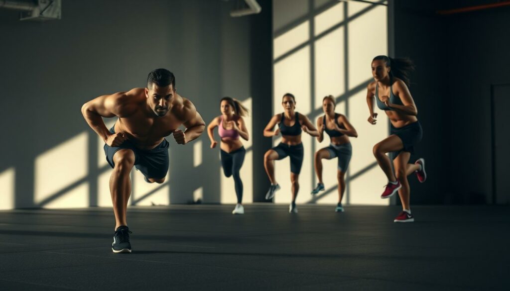 A dynamic scene of high-intensity interval training. In the foreground, a muscular athlete performs intense burpees, their body tense with exertion. The middle ground features other exercisers pushing through a series of high-knee sprints, their faces flushed with determination. The background showcases a modern, minimalist gym setting with industrial-style lighting casting long shadows, heightening the sense of intensity. The overall atmosphere conveys the adrenaline-fueled, calorie-burning nature of this high-intensity workout, perfectly capturing the essence of the section title.