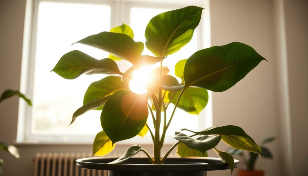 A fiddle leaf fig plant in a bright, natural-lit room, its large, glossy leaves catching the warm, diffused light from a large window. The plant is gently rotating on a turntable, exposing its leaves to the light at different angles. The scene has a calming, serene atmosphere, with muted tones and soft shadows. The focal point is the plant's graceful, undulating leaves as they catch the shifting light. The image should convey the importance of proper light exposure and rotation for the healthy growth of a fiddle leaf fig. A fiddle leaf fig plant in a bright, natural-lit room, its large, glossy leaves catching the warm, diffused light from a large window. The plant is gently rotating on a turntable, exposing its leaves to the light at different angles. The scene has a calming, serene atmosphere, with muted tones and soft shadows. The focal point is the plant's graceful, undulating leaves as they catch the shifting light. The image should convey the importance of proper light exposure and rotation for the healthy growth of a fiddle leaf fig.