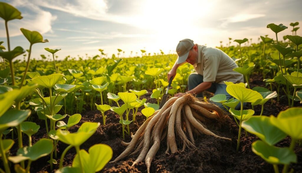 A field of lush, verdant marsh mallow plants, their pale green leaves swaying in a gentle breeze. In the foreground, a farmer kneels, carefully unearthing the plant's long, thick roots using a small hand trowel. Sunlight filters through wispy clouds, casting a warm, golden glow over the scene. The roots, their beige hues contrasting against the rich, dark soil, are being delicately cleaned and inspected, ready to be harvested for their medicinal and culinary benefits. The atmosphere is one of quiet concentration and reverence for the land's natural bounty. A field of lush, verdant marsh mallow plants, their pale green leaves swaying in a gentle breeze. In the foreground, a farmer kneels, carefully unearthing the plant's long, thick roots using a small hand trowel. Sunlight filters through wispy clouds, casting a warm, golden glow over the scene. The roots, their beige hues contrasting against the rich, dark soil, are being delicately cleaned and inspected, ready to be harvested for their medicinal and culinary benefits. The atmosphere is one of quiet concentration and reverence for the land's natural bounty.