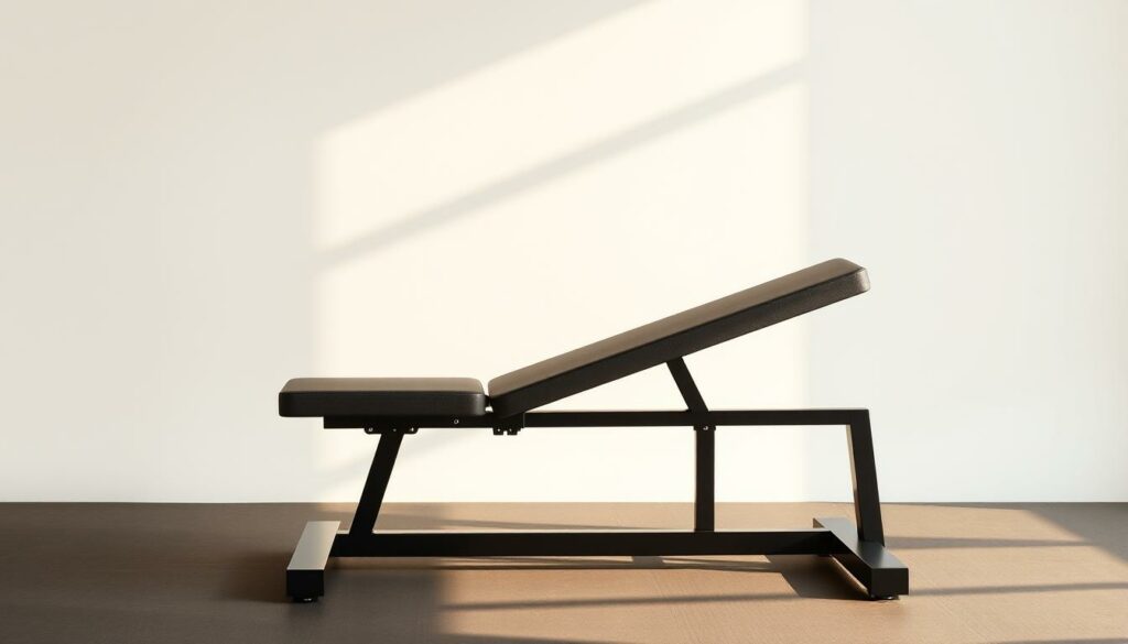 A high-quality weight bench set against a clean, minimalist backdrop. The bench features a sturdy steel frame with a padded, adjustable seat and backrest. The surface has a textured, non-slip coating for added stability and grip. The bench is positioned at a 45-degree angle, showcasing its versatile adjustability. Warm, natural lighting from the side casts soft shadows, highlighting the bench's clean lines and premium construction. The overall scene conveys a sense of modern, functional fitness equipment designed for both comfort and performance.