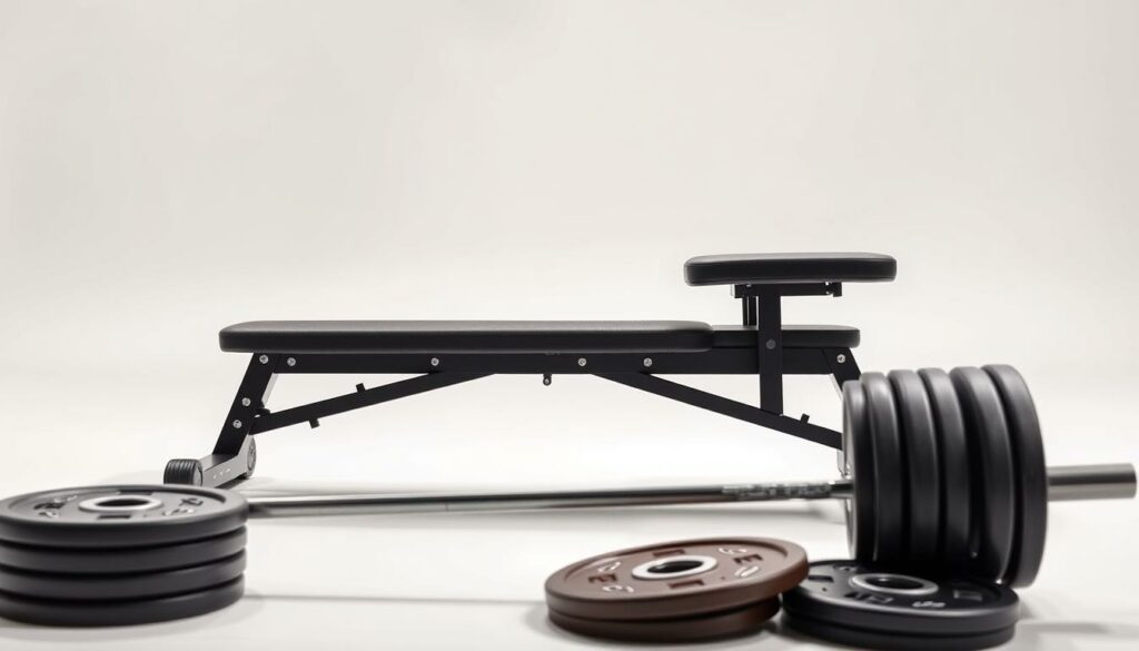 A high-quality weight bench with a sleek, modern design, showcased in a well-lit studio setting. The bench features a sturdy, adjustable frame constructed from heavy-duty steel, with a padded, upholstered seat and backrest for maximum comfort and support. The surface has a textured, non-slip finish to ensure secure footing during workouts. In the foreground, various weight plates and a barbell are arranged neatly, highlighting the bench's versatility. The background is a clean, minimalist space with soft, diffused lighting, creating a professional, high-end atmosphere.