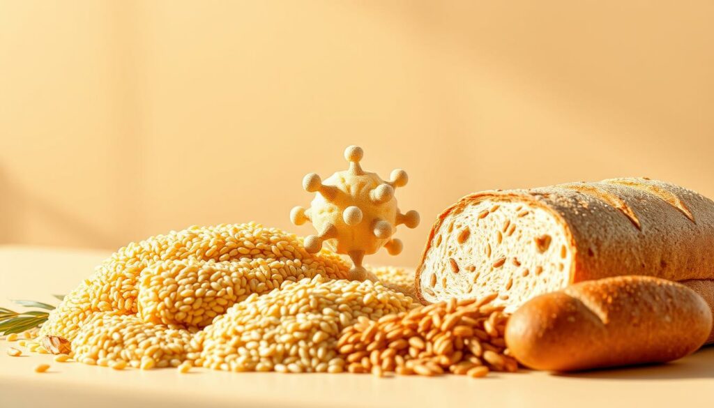 A high-resolution digital illustration showcasing the nutritional benefits of complex carbohydrates. In the foreground, a vibrant assortment of whole grains such as brown rice, quinoa, and whole wheat bread, arranged in a visually appealing manner. The middle ground features a detailed cross-section of a complex carbohydrate molecule, highlighting its intricate molecular structure and highlighting the presence of fiber, vitamins, and minerals. The background depicts a soft, pastel-toned gradient that creates a sense of depth and emphasizes the wholesome, natural essence of the subject matter. The lighting is warm and directional, casting subtle shadows that add depth and dimension to the composition. The overall tone is educational, informative, and visually captivating, suitable for the "Nutritional Overview of Complex Carbohydrates" section of the article.