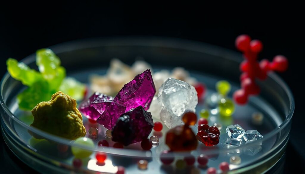 A high-resolution, macro-style photograph of various toxic plant compounds, including alkaloids and glycosides, in a petri dish against a dark, moody background. The compounds are in different crystalline forms, illuminated by dramatic side lighting to highlight their intricate structures and colors, ranging from vibrant greens and purples to deep reds and browns. The depth of field is shallow, putting the foreground compounds in sharp focus while blurring the background, creating a sense of depth and mystery. The overall tone is one of scientific curiosity and the inherent danger of these potent natural substances. A high-resolution, macro-style photograph of various toxic plant compounds, including alkaloids and glycosides, in a petri dish against a dark, moody background. The compounds are in different crystalline forms, illuminated by dramatic side lighting to highlight their intricate structures and colors, ranging from vibrant greens and purples to deep reds and browns. The depth of field is shallow, putting the foreground compounds in sharp focus while blurring the background, creating a sense of depth and mystery. The overall tone is one of scientific curiosity and the inherent danger of these potent natural substances.