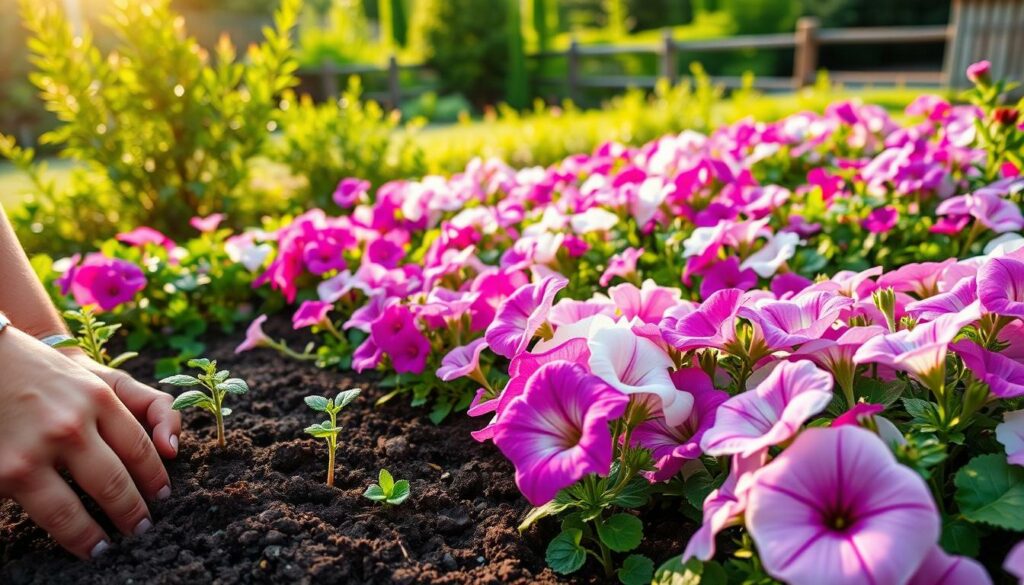 A lush garden bed overflowing with vibrant petunias in full bloom. In the foreground, a gardener's hands gently planting delicate petunia seedlings into the rich, dark soil. Soft afternoon sunlight filters through the leaves, casting a warm, golden glow. The middle ground reveals a flourishing array of petunia flowers in shades of pink, purple, and white, their delicate petals swaying in a gentle breeze. In the background, a picturesque garden landscape with verdant foliage and a hint of a wooden fence. The scene exudes a sense of tranquility and the joyful experience of cultivating these beloved blooms. A lush garden bed overflowing with vibrant petunias in full bloom. In the foreground, a gardener's hands gently planting delicate petunia seedlings into the rich, dark soil. Soft afternoon sunlight filters through the leaves, casting a warm, golden glow. The middle ground reveals a flourishing array of petunia flowers in shades of pink, purple, and white, their delicate petals swaying in a gentle breeze. In the background, a picturesque garden landscape with verdant foliage and a hint of a wooden fence. The scene exudes a sense of tranquility and the joyful experience of cultivating these beloved blooms.