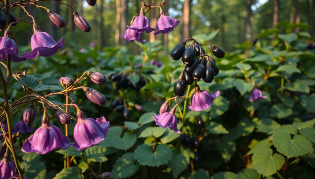 A lush, natural composition showcasing the distinctive features of the deadly nightshade plant. In the foreground, delicate bell-shaped flowers in shades of deep purple and vibrant indigo sway gently, their petals radiating an almost ethereal glow. Interspersed among the blossoms are clusters of shiny, jet-black berries, their glossy surfaces catching the warm, soft light from an unseen source. The middle ground is filled with a dense tangle of verdant foliage, the large, oval-shaped leaves casting intricate shadows across the scene. In the background, a blurred, out-of-focus forest provides a serene, natural backdrop, emphasizing the plant's wild, untamed nature. The overall mood is one of captivating beauty tinged with a subtle, underlying sense of danger. A lush, natural composition showcasing the distinctive features of the deadly nightshade plant. In the foreground, delicate bell-shaped flowers in shades of deep purple and vibrant indigo sway gently, their petals radiating an almost ethereal glow. Interspersed among the blossoms are clusters of shiny, jet-black berries, their glossy surfaces catching the warm, soft light from an unseen source. The middle ground is filled with a dense tangle of verdant foliage, the large, oval-shaped leaves casting intricate shadows across the scene. In the background, a blurred, out-of-focus forest provides a serene, natural backdrop, emphasizing the plant's wild, untamed nature. The overall mood is one of captivating beauty tinged with a subtle, underlying sense of danger.