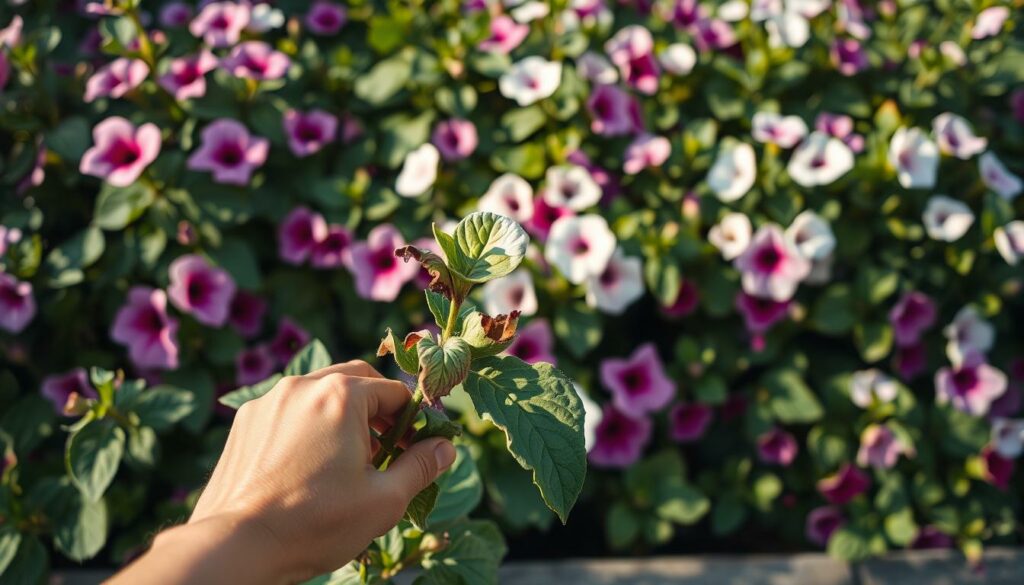 A lush, overgrown petunia garden in soft, afternoon light. In the foreground, a troubled petunia plant with curled leaves and discolored petals. In the middle ground, a gardener's hand gently inspecting the plant, brow furrowed in concentration. The background features a variety of healthy, vibrant petunia blooms in shades of pink, purple, and white, casting gentle shadows. The scene conveys a sense of the gardener's concern and the need to diagnose and remedy the plant's issues, set against the backdrop of a thriving petunia garden. A lush, overgrown petunia garden in soft, afternoon light. In the foreground, a troubled petunia plant with curled leaves and discolored petals. In the middle ground, a gardener's hand gently inspecting the plant, brow furrowed in concentration. The background features a variety of healthy, vibrant petunia blooms in shades of pink, purple, and white, casting gentle shadows. The scene conveys a sense of the gardener's concern and the need to diagnose and remedy the plant's issues, set against the backdrop of a thriving petunia garden.
