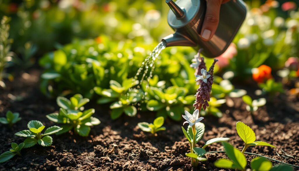 A lush, sun-dappled garden scene with a delicate blue spur flower in the foreground, its petals gently opening as a gardener's hand tenderly waters the plant with a watering can. The soft, diffused lighting casts warm shadows across the soil, highlighting the intricate textures of the flower's stem and leaves. In the middle ground, an array of complementary green foliage provides a verdant backdrop, while the distant background is filled with the gentle blur of other plants and flowers, creating a sense of depth and tranquility. The overall composition evokes a serene, nurturing atmosphere, perfectly capturing the essence of caring for the captivating blue spur flower. A lush, sun-dappled garden scene with a delicate blue spur flower in the foreground, its petals gently opening as a gardener's hand tenderly waters the plant with a watering can. The soft, diffused lighting casts warm shadows across the soil, highlighting the intricate textures of the flower's stem and leaves. In the middle ground, an array of complementary green foliage provides a verdant backdrop, while the distant background is filled with the gentle blur of other plants and flowers, creating a sense of depth and tranquility. The overall composition evokes a serene, nurturing atmosphere, perfectly capturing the essence of caring for the captivating blue spur flower.