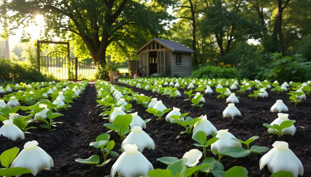 A lush, verdant garden setting, with rows of mounded, light-colored marsh mallow plants in the foreground. The plants are surrounded by rich, dark soil, freshly tilled and ready for planting. In the middle ground, a quaint wooden shed or greenhouse stands, providing shelter and tools for the gardener. Sunlight filters down through a canopy of leafy trees, casting a warm, golden glow over the scene. The overall atmosphere is one of tranquility and anticipation, inviting the viewer to imagine the joy of cultivating these delicate, fragrant flowers. A lush, verdant garden setting, with rows of mounded, light-colored marsh mallow plants in the foreground. The plants are surrounded by rich, dark soil, freshly tilled and ready for planting. In the middle ground, a quaint wooden shed or greenhouse stands, providing shelter and tools for the gardener. Sunlight filters down through a canopy of leafy trees, casting a warm, golden glow over the scene. The overall atmosphere is one of tranquility and anticipation, inviting the viewer to imagine the joy of cultivating these delicate, fragrant flowers.