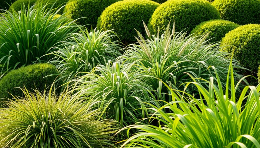A lush, verdant scene showcasing a variety of Japanese sedge plants. In the foreground, tufted clumps of Carex oshimensis sway gently, their delicate, arching leaves catching the warm, diffused sunlight. In the middle ground, Carex morrowii 'Variegata' displays its striped, ribbon-like foliage, complemented by the upright, textured blades of Carex siderosticha. Further back, Carex hachijoensis forms dense, rounded mounds, their deep green hues contrasting with the lighter tones of the other sedge varieties. The overall composition is naturalistic and tranquil, with a focus on the diverse forms and textures of these captivating Japanese sedge plants. A lush, verdant scene showcasing a variety of Japanese sedge plants. In the foreground, tufted clumps of Carex oshimensis sway gently, their delicate, arching leaves catching the warm, diffused sunlight. In the middle ground, Carex morrowii 'Variegata' displays its striped, ribbon-like foliage, complemented by the upright, textured blades of Carex siderosticha. Further back, Carex hachijoensis forms dense, rounded mounds, their deep green hues contrasting with the lighter tones of the other sedge varieties. The overall composition is naturalistic and tranquil, with a focus on the diverse forms and textures of these captivating Japanese sedge plants.