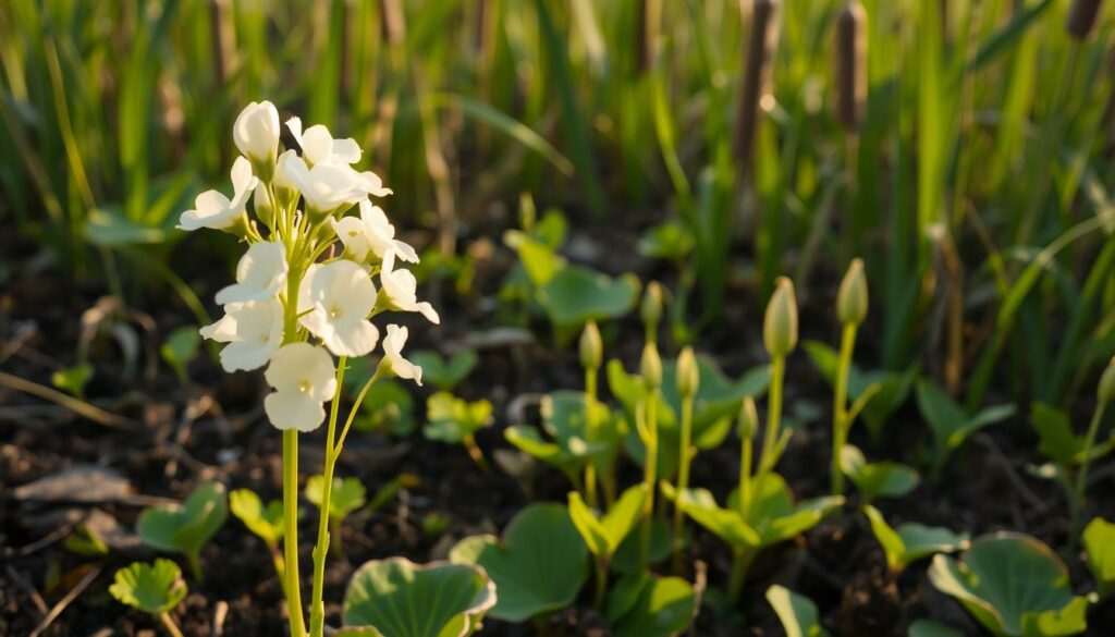 A lush, verdant scene showcasing the propagation of a marsh mallow plant. In the foreground, a cluster of delicate white flowers bloom atop slender stems, their soft, fluffy petals radiating a gentle glow under the warm, natural lighting. In the middle ground, young marsh mallow seedlings sprout from the rich, moist soil, their leaves unfurling with vibrant green hues. The background depicts a serene, wetland environment, with reeds and cattails swaying in a light breeze, creating a tranquil, atmospheric setting. The image is captured with a shallow depth of field, drawing the viewer's attention to the intricate details of the marsh mallow's propagation process. A lush, verdant scene showcasing the propagation of a marsh mallow plant. In the foreground, a cluster of delicate white flowers bloom atop slender stems, their soft, fluffy petals radiating a gentle glow under the warm, natural lighting. In the middle ground, young marsh mallow seedlings sprout from the rich, moist soil, their leaves unfurling with vibrant green hues. The background depicts a serene, wetland environment, with reeds and cattails swaying in a light breeze, creating a tranquil, atmospheric setting. The image is captured with a shallow depth of field, drawing the viewer's attention to the intricate details of the marsh mallow's propagation process.