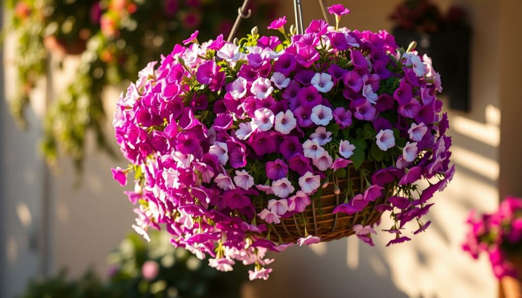 A lush, vibrant hanging basket overflowing with cascading petunias in various shades of purple, pink, and white. The flowers are in full bloom, their delicate petals gently swaying in a soft breeze. The basket is suspended from a wrought-iron hook, casting a warm, natural shadow on the ground below. The scene is bathed in the golden glow of a late afternoon sun, creating a cozy, inviting atmosphere. The background is blurred, allowing the basket to take center stage, showcasing the beauty and care required for these delicate, seasonal blooms. A lush, vibrant hanging basket overflowing with cascading petunias in various shades of purple, pink, and white. The flowers are in full bloom, their delicate petals gently swaying in a soft breeze. The basket is suspended from a wrought-iron hook, casting a warm, natural shadow on the ground below. The scene is bathed in the golden glow of a late afternoon sun, creating a cozy, inviting atmosphere. The background is blurred, allowing the basket to take center stage, showcasing the beauty and care required for these delicate, seasonal blooms.