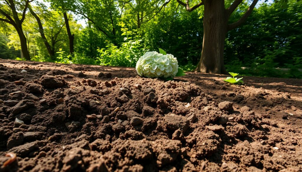 A lush, well-tilled garden bed in soft, loamy soil, ready to welcome a vibrant lacecap hydrangea. The foreground features freshly turned earth, its rich, dark hues punctuated by the occasional earthworm or pebble. Mid-frame, a healthy layer of organic compost or aged manure has been meticulously worked into the soil, creating the ideal nutrient-rich foundation. Dappled sunlight filters through the canopy of nearby trees, casting a warm, natural glow over the scene. The background showcases a verdant backdrop of lush greenery, hinting at the hydrangea's future growth and blooms. Captured with a wide-angle lens, this image conveys the care and attention required to prepare the perfect home for a thriving lacecap hydrangea. A lush, well-tilled garden bed in soft, loamy soil, ready to welcome a vibrant lacecap hydrangea. The foreground features freshly turned earth, its rich, dark hues punctuated by the occasional earthworm or pebble. Mid-frame, a healthy layer of organic compost or aged manure has been meticulously worked into the soil, creating the ideal nutrient-rich foundation. Dappled sunlight filters through the canopy of nearby trees, casting a warm, natural glow over the scene. The background showcases a verdant backdrop of lush greenery, hinting at the hydrangea's future growth and blooms. Captured with a wide-angle lens, this image conveys the care and attention required to prepare the perfect home for a thriving lacecap hydrangea.