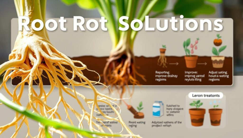 A meticulously detailed illustration of root rot solutions, showcasing the remedies for this common plant ailment. In the foreground, a close-up of healthy, vibrant roots, their delicate tendrils glistening under soft, natural lighting. In the middle ground, a diseased root system, its discolored, mushy appearance contrasting starkly. In the background, a step-by-step guide, rendered in a technical, botanical style, demonstrating effective treatment methods such as repotting, improving drainage, and adjusting watering regimes. The overall mood is one of informative clarity, guiding the viewer through the complexities of root rot diagnosis and resolution, perfectly suited for the "Advanced Troubleshooting and Care Adjustments" section of the article. A meticulously detailed illustration of root rot solutions, showcasing the remedies for this common plant ailment. In the foreground, a close-up of healthy, vibrant roots, their delicate tendrils glistening under soft, natural lighting. In the middle ground, a diseased root system, its discolored, mushy appearance contrasting starkly. In the background, a step-by-step guide, rendered in a technical, botanical style, demonstrating effective treatment methods such as repotting, improving drainage, and adjusting watering regimes. The overall mood is one of informative clarity, guiding the viewer through the complexities of root rot diagnosis and resolution, perfectly suited for the "Advanced Troubleshooting and Care Adjustments" section of the article.
