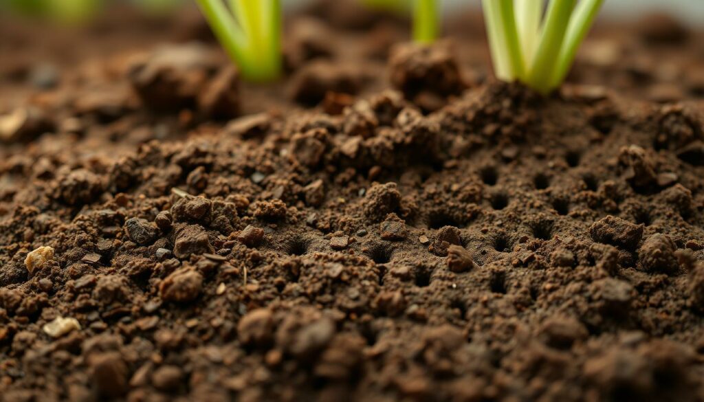 A meticulously detailed macro photograph of a section of soil, showcasing the ideal drainage conditions for growing Ptilotus. The foreground features a close-up view of the soil, with its rich, loamy texture and a subtle mix of organic matter and mineral particles. The middle ground reveals the intricate network of small channels and pockets, allowing for optimal water absorption and aeration. In the background, the soft, diffused lighting creates a serene, naturalistic atmosphere, emphasizing the importance of well-drained soil for the healthy cultivation of Ptilotus. Captured with a high-resolution lens, this image provides a visually striking and informative illustration of the soil requirements for growing this captivating plant.