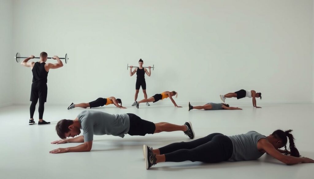 A minimalist yet dynamic scene showcasing several individuals performing a variety of core and back exercises in a well-lit, airy studio setting. In the foreground, a person is doing planks, while in the middle ground, others are executing controlled deadlifts and lat pulldowns with proper form. The background features individuals completing supine bridges and reverse crunches, all against a neutral, clean backdrop that emphasizes the exercises themselves. The lighting is soft and diffused, creating a sense of balance and focus on the movements. The overall mood is one of intentional, functional fitness, encouraging the viewer to engage in these fundamental strengthening routines. A minimalist yet dynamic scene showcasing several individuals performing a variety of core and back exercises in a well-lit, airy studio setting. In the foreground, a person is doing planks, while in the middle ground, others are executing controlled deadlifts and lat pulldowns with proper form. The background features individuals completing supine bridges and reverse crunches, all against a neutral, clean backdrop that emphasizes the exercises themselves. The lighting is soft and diffused, creating a sense of balance and focus on the movements. The overall mood is one of intentional, functional fitness, encouraging the viewer to engage in these fundamental strengthening routines.