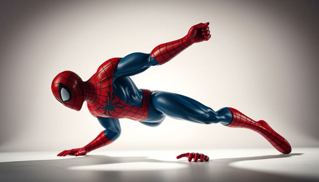 A muscular Spider-Man figure executing a challenging plank exercise with perfect form, illuminated by a dramatic studio lighting setup. The superhero's iconic red and blue costume is on full display as he maintains a rigid, elevated plank position, his powerful arms and core muscles engaged. The scene is captured from a low angle, emphasizing his heroic stance and the intensity of the workout. The background is simple and uncluttered, placing the focus entirely on the advanced plank technique demonstration. An aura of strength, control, and determination permeates the image, perfectly capturing the essence of the "Advanced Plank Methods for Increased Strength" section.