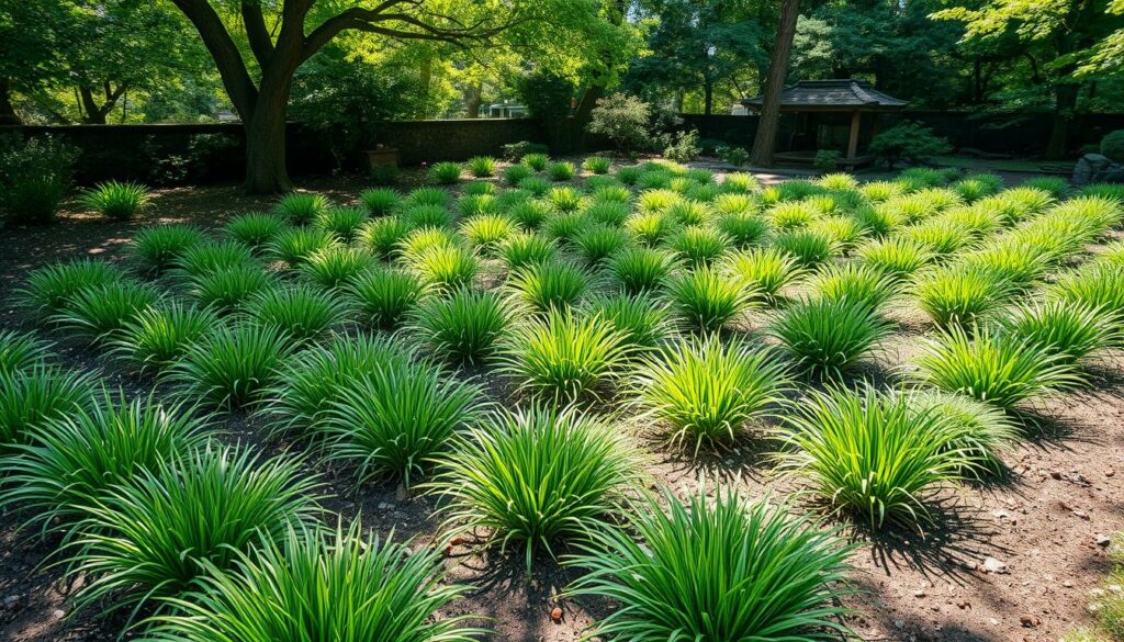 A neatly organized Japanese garden with carefully spaced clumps of lush green Japanese sedge (Carex oshimensis). The sedge plants are arranged in a harmonious grid pattern, their slender, arching foliage creating a soothing, textural tapestry. Dappled sunlight filters through the canopy of surrounding trees, casting soft shadows on the well-tended soil. The scene exudes a sense of tranquility and balance, showcasing the ideal planting technique and spacing for growing Japanese sedge in a naturalistic landscape setting. A telephoto lens captures the scene from a slight elevated angle, highlighting the thoughtful garden design. A neatly organized Japanese garden with carefully spaced clumps of lush green Japanese sedge (Carex oshimensis). The sedge plants are arranged in a harmonious grid pattern, their slender, arching foliage creating a soothing, textural tapestry. Dappled sunlight filters through the canopy of surrounding trees, casting soft shadows on the well-tended soil. The scene exudes a sense of tranquility and balance, showcasing the ideal planting technique and spacing for growing Japanese sedge in a naturalistic landscape setting. A telephoto lens captures the scene from a slight elevated angle, highlighting the thoughtful garden design.