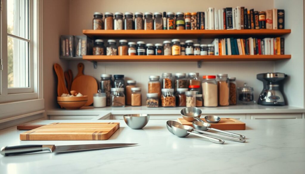 A neatly organized kitchen countertop, bathed in warm, diffused lighting from a large window. In the foreground, an arrangement of essential culinary tools - a sleek chef's knife, a wooden cutting board, a set of stainless steel measuring cups and spoons. In the middle ground, various pantry staples are displayed in clear glass jars and storage containers, their contents visible. In the background, a well-stocked spice rack and a collection of cookbooks on floating shelves, creating a sense of order and efficiency. The overall atmosphere is one of calm, productive energy, inviting the viewer to envision quick and easy meal preparation.