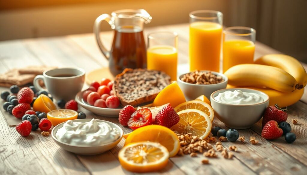 A nourishing breakfast spread lays out on a rustic wooden table, bathed in warm, golden light. In the foreground, an array of fresh fruits - plump berries, sliced citrus, and ripe bananas. Nearby, whole grain toast, a bowl of creamy Greek yogurt, and a sprinkle of crunchy granola. In the middle ground, a carafe of rich, aromatic coffee and a glass of freshly squeezed orange juice. The background softly fades, highlighting the simplicity and wholesomeness of these essential breakfast staples that fuel the body and mind. The scene exudes a sense of balance, health, and the comforting start to a productive day. A nourishing breakfast spread lays out on a rustic wooden table, bathed in warm, golden light. In the foreground, an array of fresh fruits - plump berries, sliced citrus, and ripe bananas. Nearby, whole grain toast, a bowl of creamy Greek yogurt, and a sprinkle of crunchy granola. In the middle ground, a carafe of rich, aromatic coffee and a glass of freshly squeezed orange juice. The background softly fades, highlighting the simplicity and wholesomeness of these essential breakfast staples that fuel the body and mind. The scene exudes a sense of balance, health, and the comforting start to a productive day.