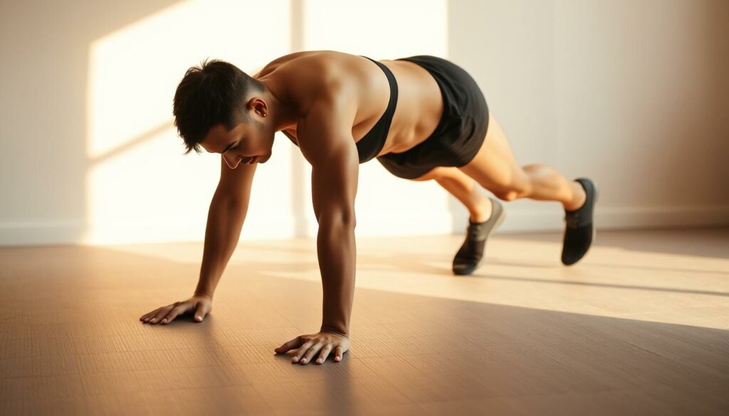 A person holding a classic forearm plank position, with their forearms firmly planted on the floor, elbows directly under the shoulders, and core tightly engaged. The body forms a straight line from head to heels, with the gaze focused forward. Warm, natural lighting from the side illuminates the scene, casting subtle shadows that accentuate the muscular engagement. The setting is a minimalist, clean workout space, with a subtle textured floor surface providing traction. The overall mood is one of intention, control, and physical mastery.