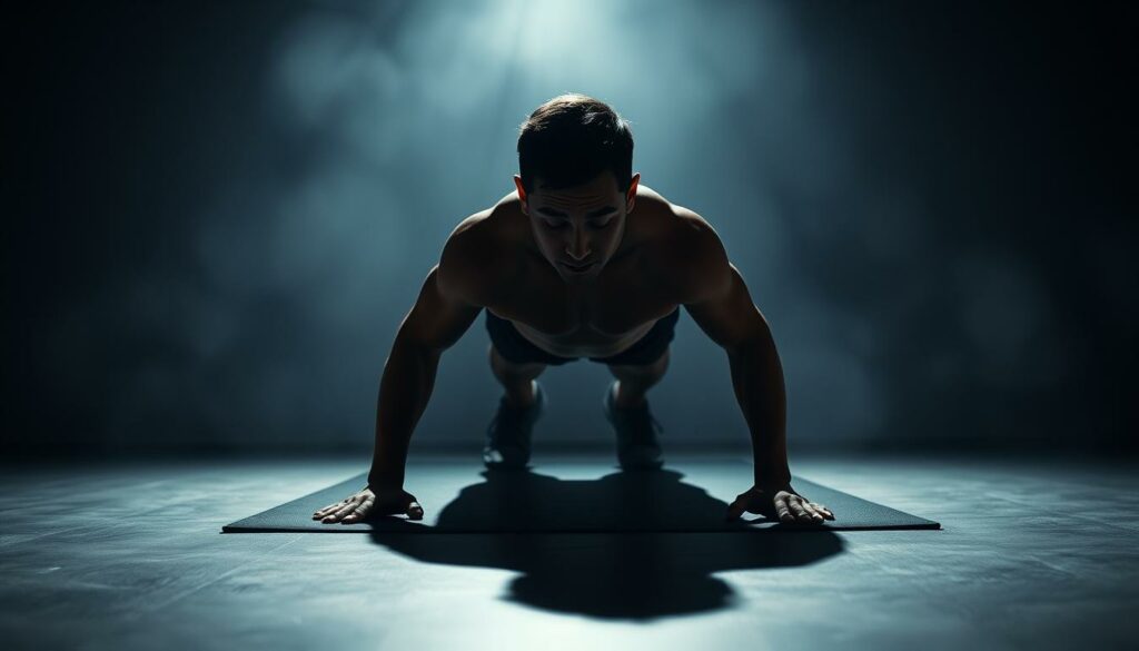 A person in a high-contrast, dramatic lighting performing a modified plank exercise. The subject is centered in the frame, with their body in a straight line from head to heels, hands shoulder-width apart, and feet hip-width apart. The background is blurred and minimalist, placing the focus entirely on the subject's precise, intense form. The image has a moody, cinematic quality, with shadows and highlights sculpting the muscles and emphasizing the controlled tension of the modified plank. Camera angle is slightly low, creating an empowering, heroic perspective.