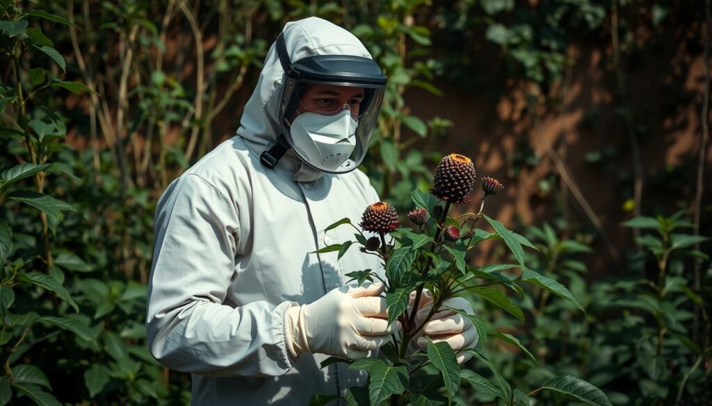 A professional botanist in full protective gear, standing in a lush garden, carefully removing a mature Belladonna plant. Thick rubber gloves, face shield, and a hazmat-style suit shield the botanist from any toxic exposure. The plant's dark green foliage and purple-black berries stand in stark contrast to the soft, earthy tones of the background. Indirect natural lighting casts dramatic shadows, emphasizing the botanist's cautious movements. The scene conveys the necessity of extreme care when handling this notoriously deadly plant. A professional botanist in full protective gear, standing in a lush garden, carefully removing a mature Belladonna plant. Thick rubber gloves, face shield, and a hazmat-style suit shield the botanist from any toxic exposure. The plant's dark green foliage and purple-black berries stand in stark contrast to the soft, earthy tones of the background. Indirect natural lighting casts dramatic shadows, emphasizing the botanist's cautious movements. The scene conveys the necessity of extreme care when handling this notoriously deadly plant.